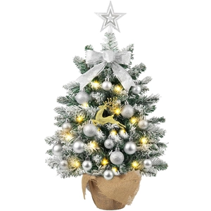 55cm mini Christmas tree with silver ornaments, golden elk, and LED lights on burlap base