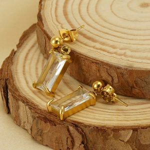 Minimalist 18K gold plated stainless steel drop earrings with sparkling rectangular zircon