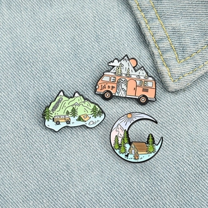 Outdoor Adventure Enamel Pin Brooch Alloy Camping RV Bus Mountain Moon Forest Badge Jewelry Accessories For Backpacks