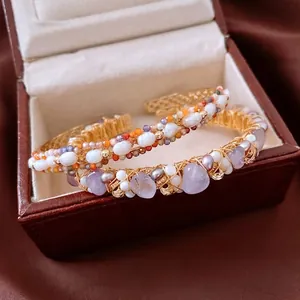 Vintage 18K gold plated wire wrapped bracelet with amethyst and freshwater pearls