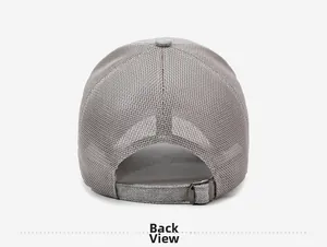 Rear view of grey mesh baseball cap showing breathable texture and metal buckle strap