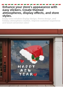 Détail de l'autocollant de fenêtre Happy New Year avec bonnets de Noël sur verre
