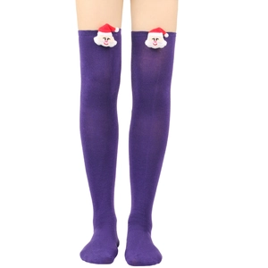 Detail of purple over-the-knee knit socks featuring 3D Santa Claus holiday ornaments