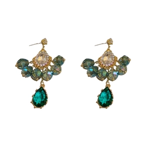 Bohemian silver needle drop earrings with emerald crystals and vintage gold plating