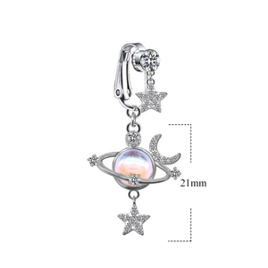 Detail view of 21mm planet and crescent moon belly clip with iridescent bead and zircon