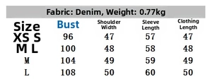 Detailed size chart for denim jacket with faux fur effect including measurements and weight