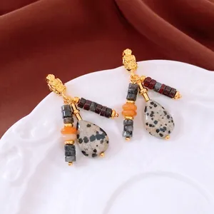 Vintage water-drop dalmatian jasper beaded dangle earrings on elegant white porcelain