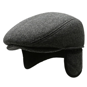 Classic herringbone wool flat cap for men with fold-down ear flaps for winter warmth