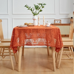 Retro orange lace rectangular tablecloth with vintage floral hollow patterns