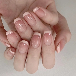 Handmade nude blush gradient French square press-on nails with white tips for women