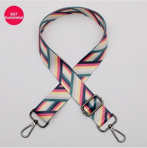 Detail of adjustable colorful striped bag strap with gunmetal swivel hooks and buckle