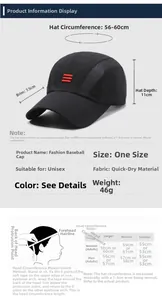 Size chart for breathable quick-dry baseball cap showing dimensions and head measurements