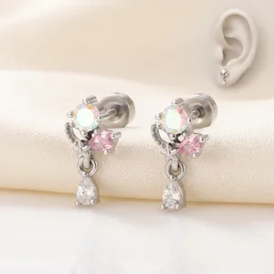 Boucles D'oreilles Clous Pendentif Goutte D'eau Acier Titane Cuivre Zircon Motif Fleur Couronne Vis À Double Tête Bijoux Femmes