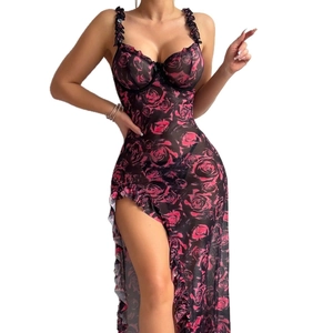 Floral mesh sheer maxi dress with pink roses, V-neckline, side slit and ruffle details