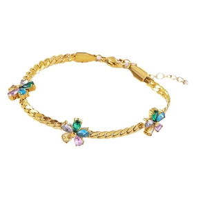Gold plated Cuban chain bracelet with colorful zircon flowers and adjustable lobster clasp