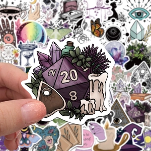 Close-up of Bohemian wizard sticker featuring a purple D20 dice and crystal cluster