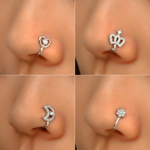 U-shaped non-piercing nose clips set with star, heart, and crown cubic zirconia designs