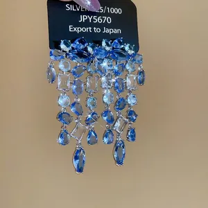 Blaue Zirkonia Quasten Hängeohrringe Kupfer Schmuck Elegant Abendparty Für Damen Mit 925 Sterling Silber Earring Post