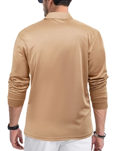 Rear view of khaki long sleeve mesh polo shirt for men on a clean white background