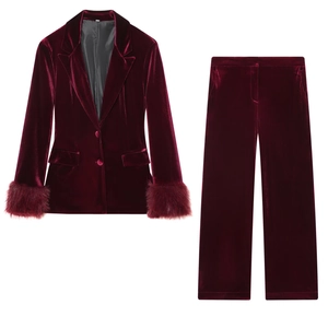 Burgundy Velvet Blazer And Pants Co Ord With Faux Fur Trim Cuffs For Women