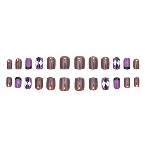 Short round press-on nails with caramel plaid design in vintage glossy finish, 24pcs set
