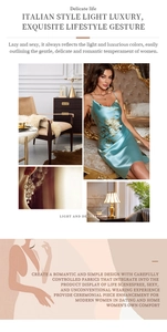 Detailed view of light blue satin chemise with gold floral print and open back design