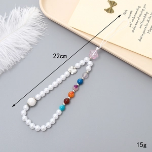 Handmade beaded phone lanyard with pearls and colorful beads, length 22cm and weight 15g
