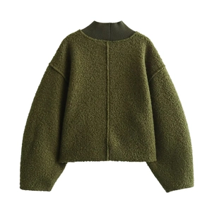 Back view of army green sherpa fleece sweatshirt with standing collar texture details