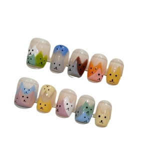 Short square press-on nails with cute colorful hand-painted cartoon cat designs