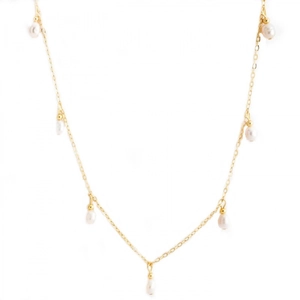 Elegant gold titanium necklace featuring irregular white pearl tassels on a clean white background