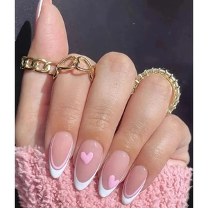 Uñas Postizas A Presión Corazón Rosa Forma Almendra French Tip Estilo Dulce Ins Uñas Largas Manicura Elegante