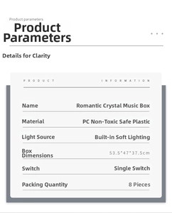 Detailed specs of crystal music box with non-toxic plastic and soft LED light