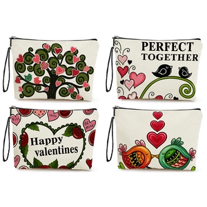 Linen Makeup Bag Cosmetic Pouch With Zipper And Wristlet Strap Cartoon Bird Heart Print Portable Multi-functional Organizer