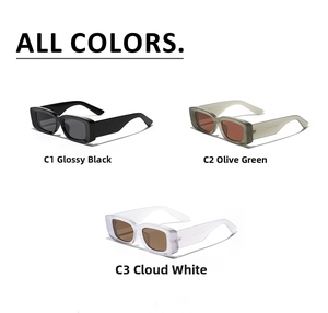 Detailed flat lay of narrow rectangular sunglasses in black, fruit green and cloud white