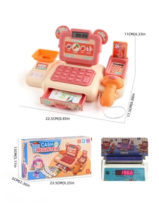 Detail view of pink kids supermarket cash register toy with scanner and accessories