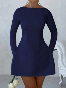 Detailed front view of navy blue long sleeve dress with elegant A-line silhouette
