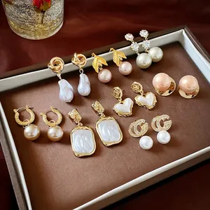 Elegant gold-plated pearl earring set with vintage geometric and heart-shaped studs