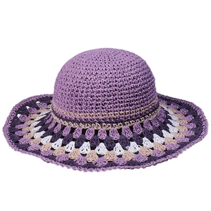 Bohemian purple wide brim straw hat with colorful crochet knit patterns for women's sun protection