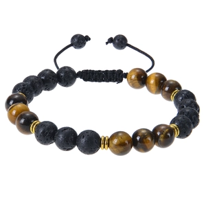 Detailed shot of 8mm amethyst and tiger eye beaded bracelet with adjustable woven cord