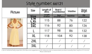 Guide des tailles pour robe à col en V et dos nu avec mesures détaillées du S au XL