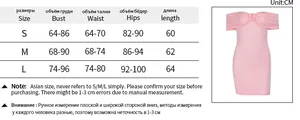 Size chart detail for off-shoulder bodycon dress with bust, waist and hip measurements