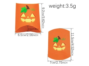 Size comparison and dimensions of orange pumpkin Halloween pillow gift boxes