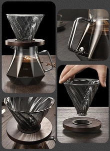 Detail of V60 glass coffee dripper and server set with wooden base and scale marks