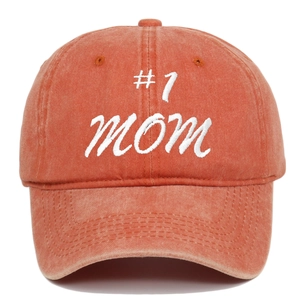 Vintage coral washed cotton baseball cap with white #1 MOM embroidery for women