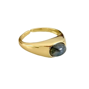 Minimalist gold adjustable ring with an oval grey labradorite stone on white background