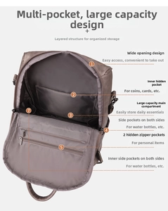 Detail view of large capacity backpack interior featuring multiple compartments and pockets