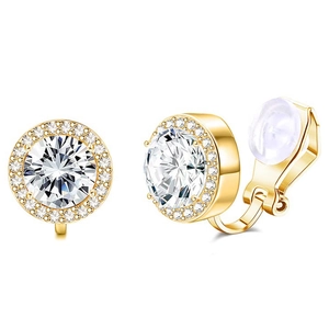 Detail of gold circular clip-on earrings with large clear zircon and soft pads