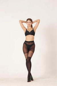 Détail de collants noirs effet faux-bas avec petits nœuds et finitions délicates
