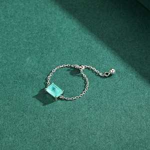Elegant S925 silver ring with turquoise rectangular gemstone and adjustable chain band