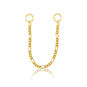 Detail of golden Figaro chain with circular ring clasps shown on a white background